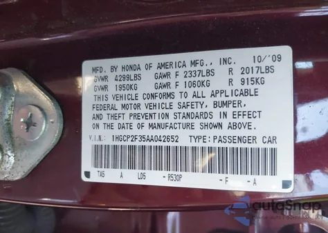 2010 Honda Accord 2.4 Lx z USA, uszkodzony, nr VIN 1HGCP2F35AA042652